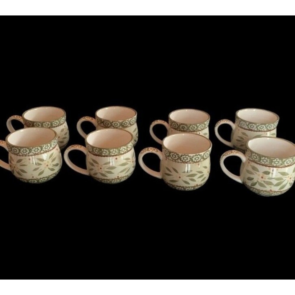 Temp-tations by Tara Old World Floral Green Coffee Tea Mugs Cups 12 oz Set of 7